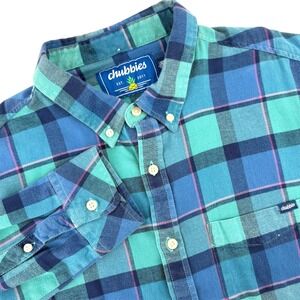Chubbies Plaid Button Down Shirt Long Sleeve Large Blue Green‎ Pink Cotton Blend